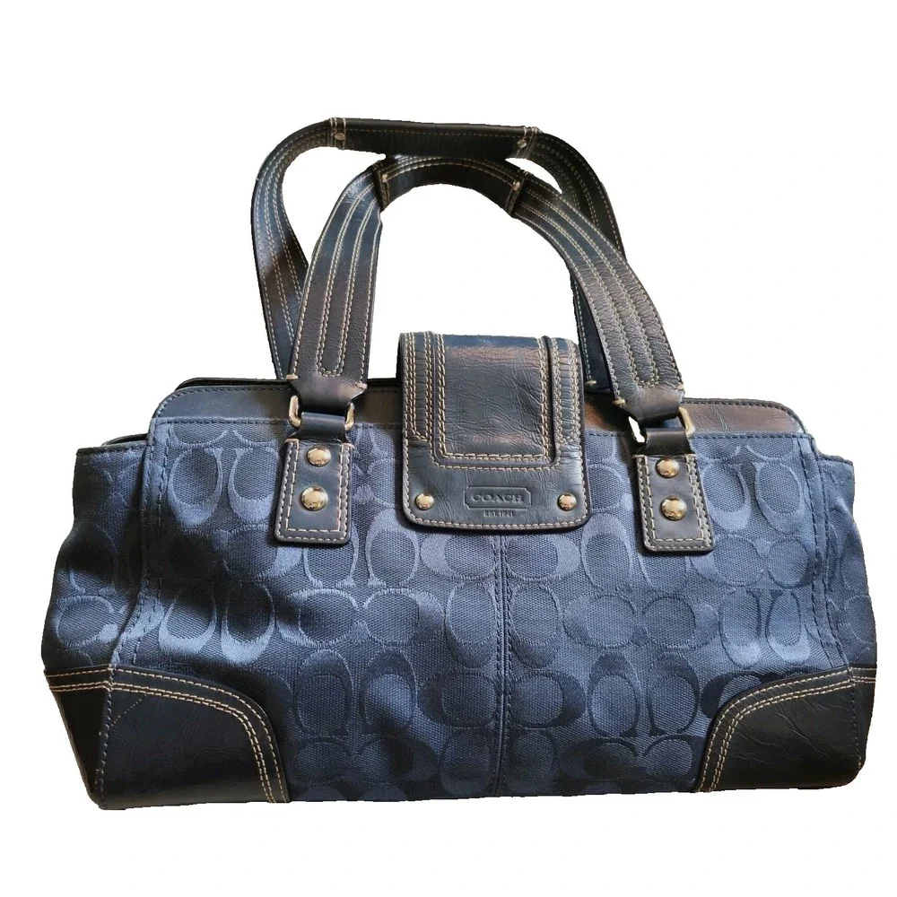 COACH Y2K Hamptons Blue Logo C Jacquard Satchel Shoulder Bag Turnlock Silver